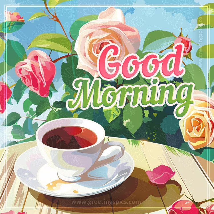 A picture of a Good Morning wish, with a drawing of a cup of tea in a garden with roses (square shape image)