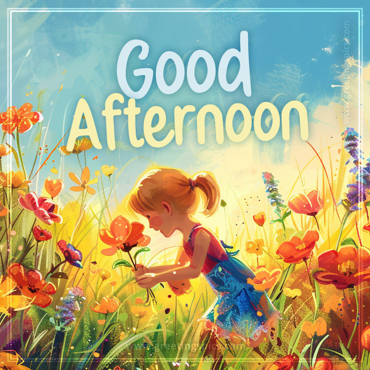 Good Afternoon greeting card with a picture of a cute girl on a field of colorful flowers (square shape image)