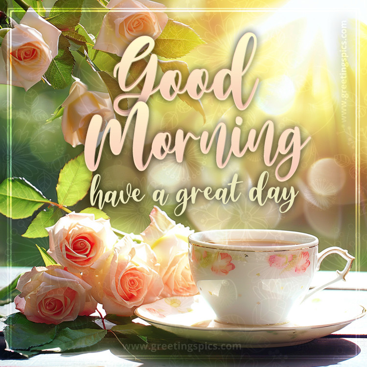 Good Morning card with roses and a cup of tea on a bright sunny day (square shape image)