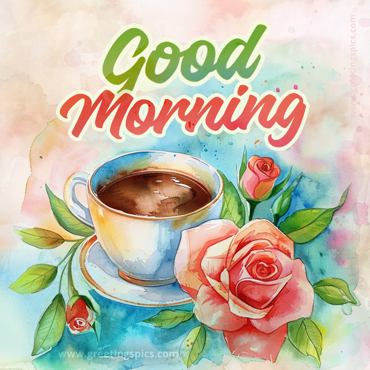 Colorful picture with watercolor roses and a cup of coffee and a Good Morning wish (square shape image)