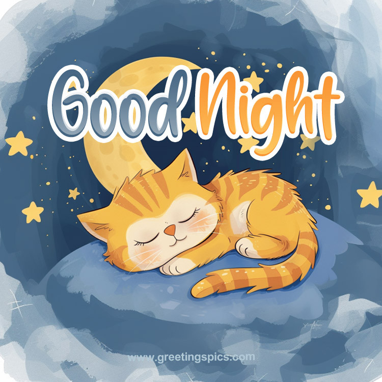 Good Night Image with cartoon sleeping kitten (square shape image)