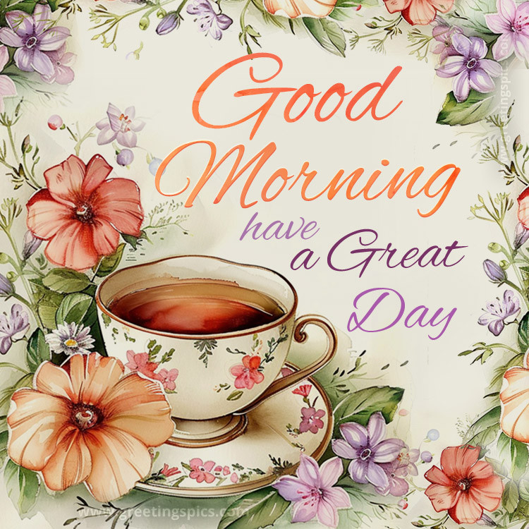 A beautiful card with watercolor flowers and a cup of coffee and a Good Morning wish (square shape image)