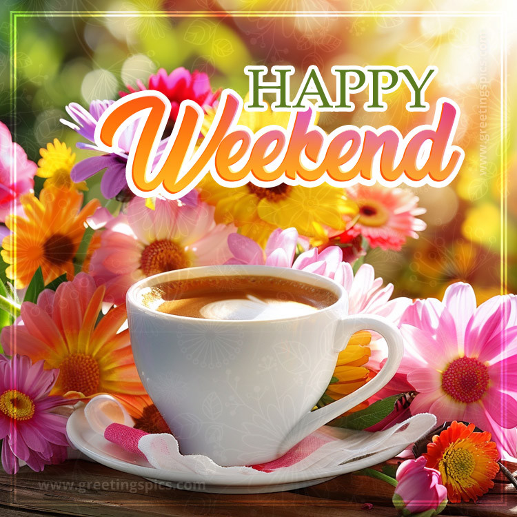 Happy Weekend image with colorful flowers and coffee (square shape image)