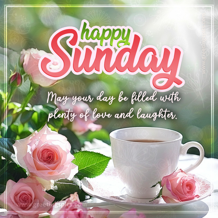 Happy Sunday Picture with roses and a cup of tea (square shape image)