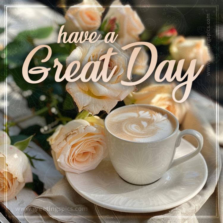 Have a Great Day Picture with beautiful cream roses and a cup of latte (square shape image)