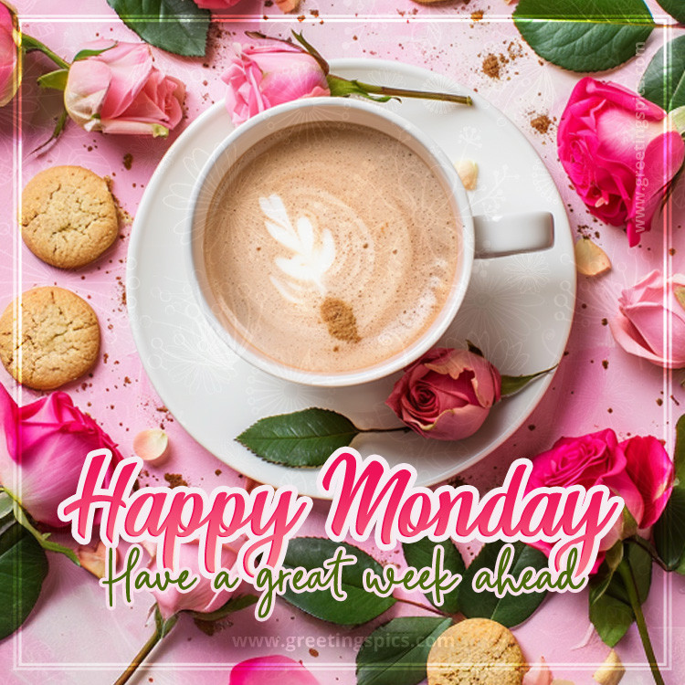 Happy Monday have a Great Week Ahead Image with coffee, cookies and roses (square shape image)