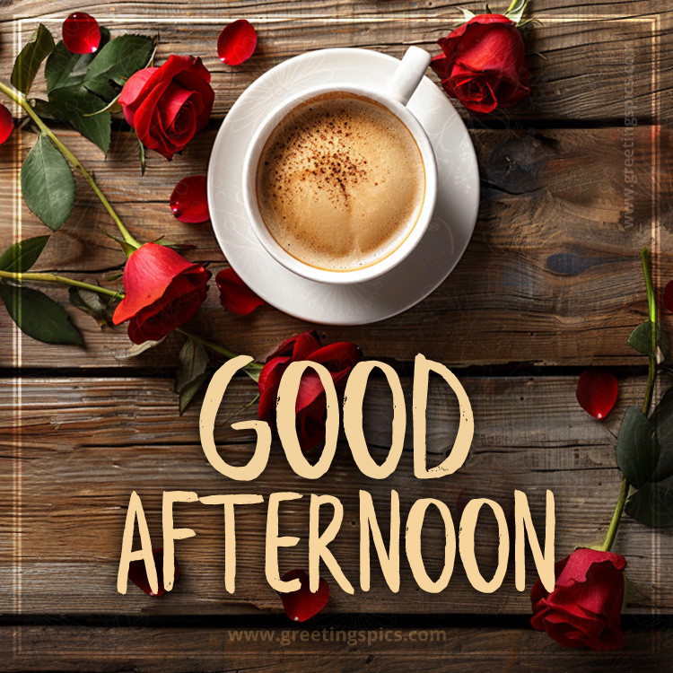 Good Afternoon Image with coffee and roses on a wooden table (square shape image)