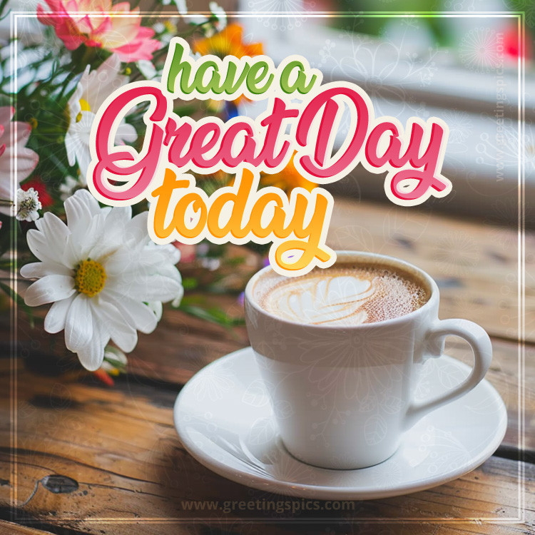 Have a Great Day Today beautiful card with flowers and a cup of cappuccino (square shape image)