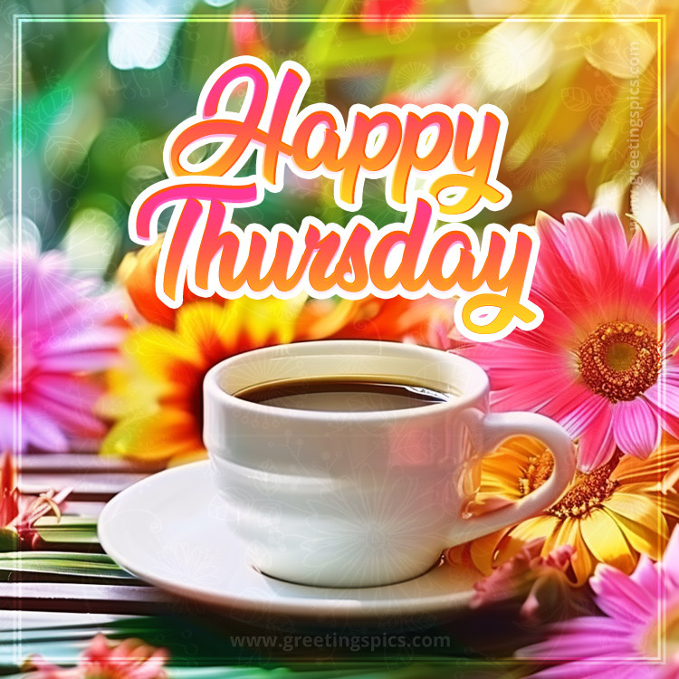 Happy thursday image with a cup of coffee and colofrul flowers (square shape image)