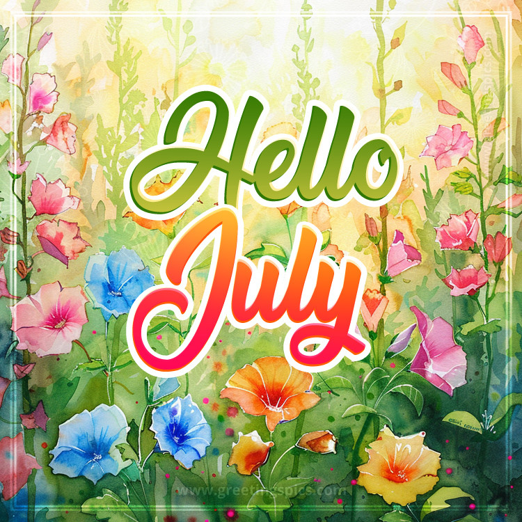 Hello July image with beautiful watercolor wildflowers (square shape image)