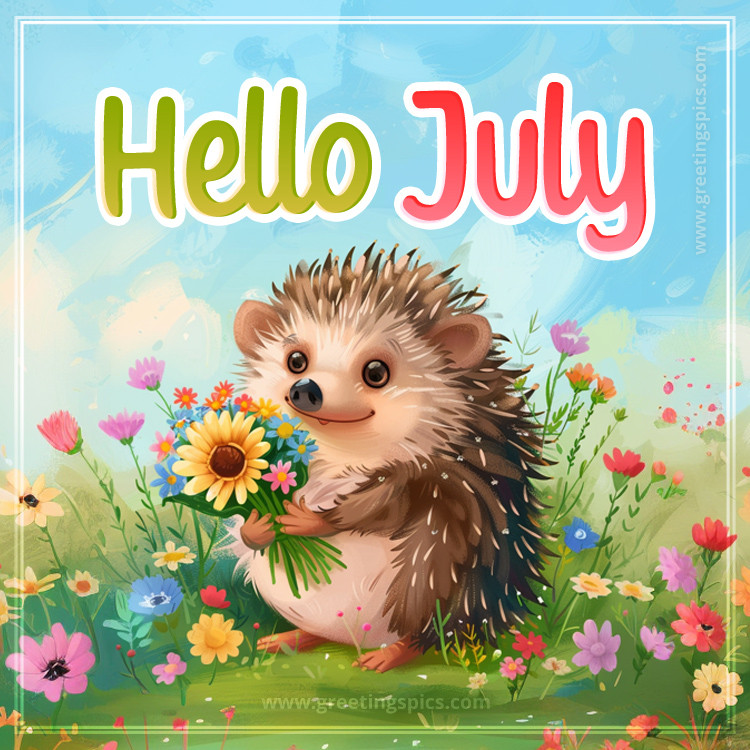 Hello July Picture of a cute hedgehog holding a bunch of flowers (square shape image)