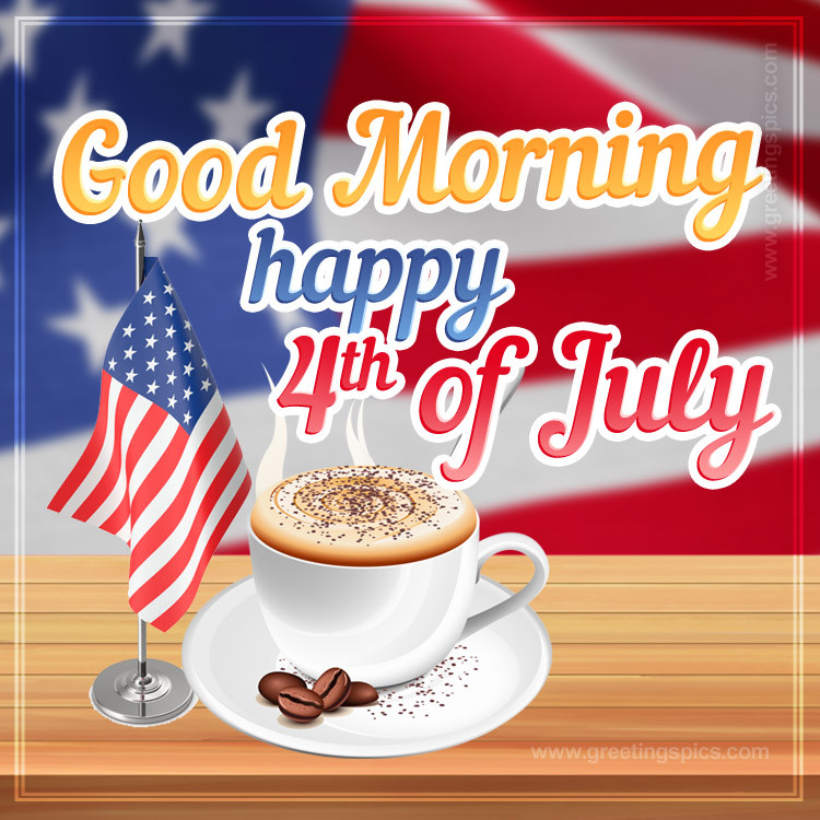 Good Morning Happy 4th of July Image with a cup of coffee and USA flag (square shape image)