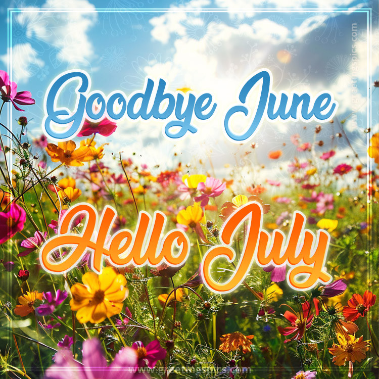 Goodbye June Hello July picture with a colorful field of flowers (square shape image)