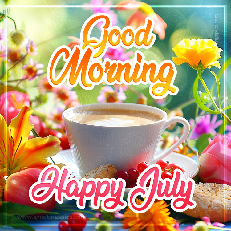 Good Morning Happy July image with a cup of coffee and colorful flowers (square shape image)