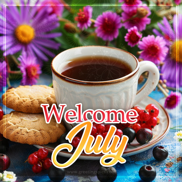 Welcome July picture with a cup of coffee and colorful flowers (square shape image)