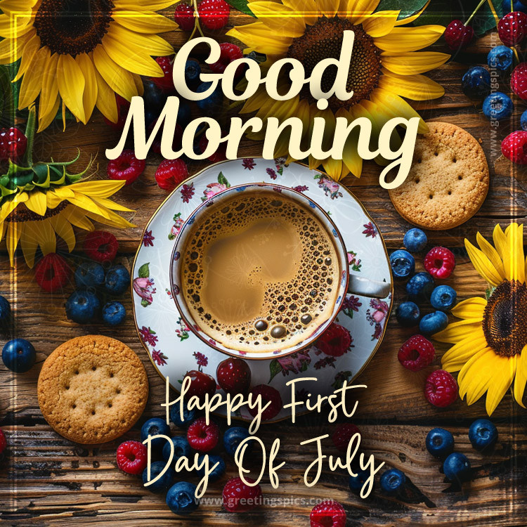 Good Morning happy first day of July picture with coffee, berries and sunflowers (square shape image)