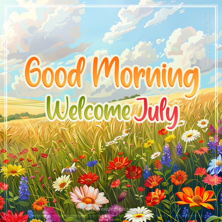 Good Morning Welcome July image with colorful wildflowers (square shape image)