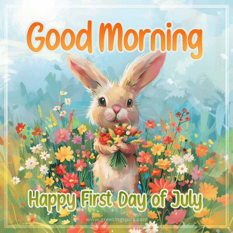 Good Morning Happy First Day of July a picture of a cute bunny holding a bunch of flowers (square shape image)