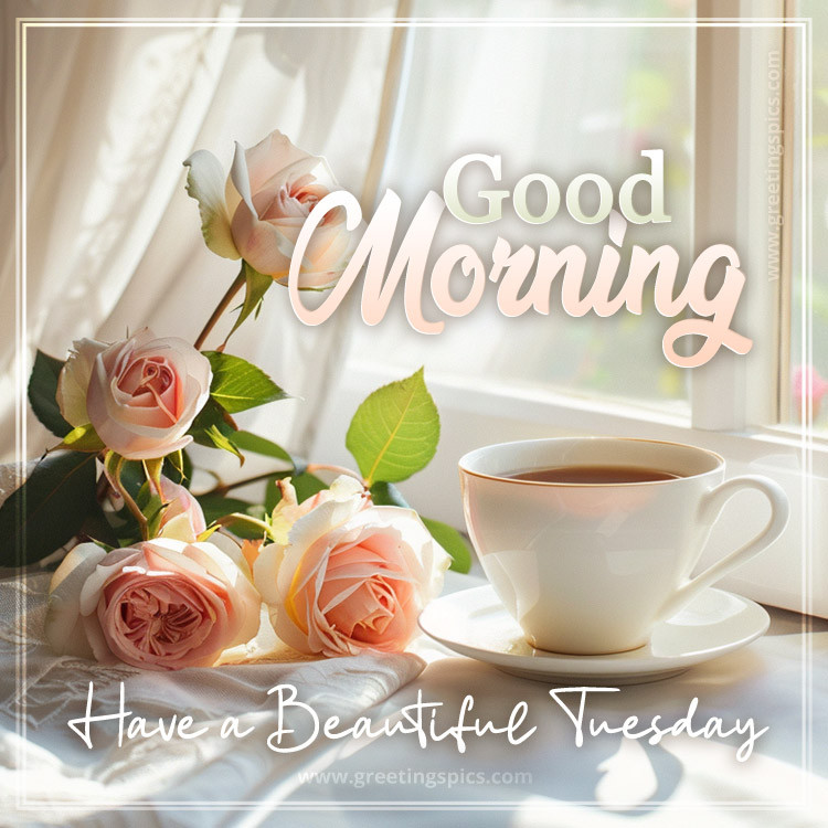 Good Morning Have a Beautiful Tuesday image with a cup of tea and roses (square shape image)