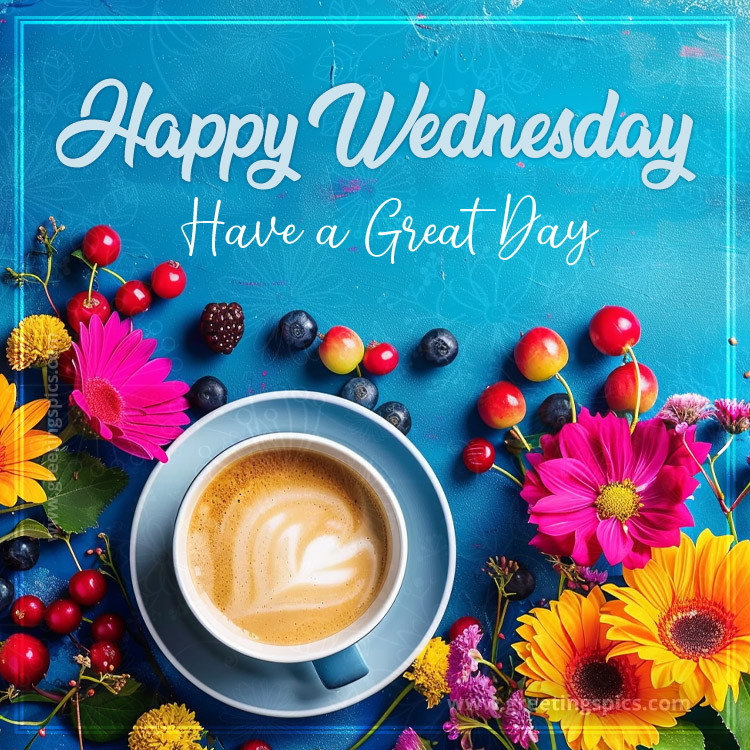 Happy Wednesday Have a Great Day image with a cup of coffee and colorful flowers (square shape image)