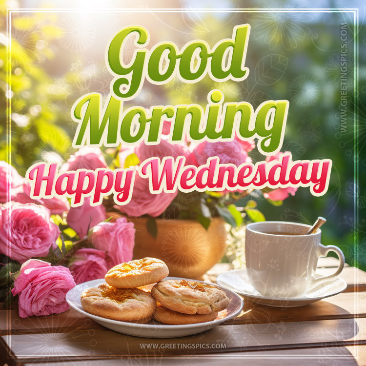 Good Morning Happy Wednesday Picture with tea, cookies and roses (square shape image)