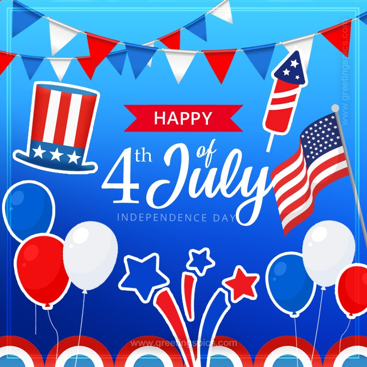 Colorful Picture with Happy 4th of July Wishes and holiday attributes (square shape image)