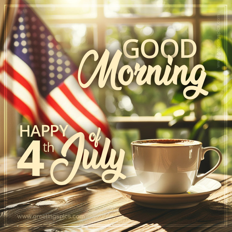 Good Morning Happy 4th of July Beautiful Image with a cup of cappuccino (square shape image)