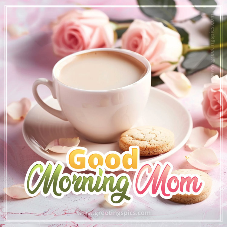 Good Morning Mom Picture with cup of coffee and beautiful pink roses (square shape image)