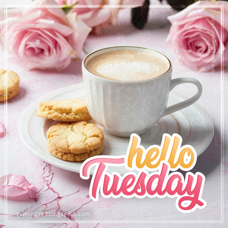 Hello Tuesday image with coffee, cookies and beautiful pink roses (square shape image)