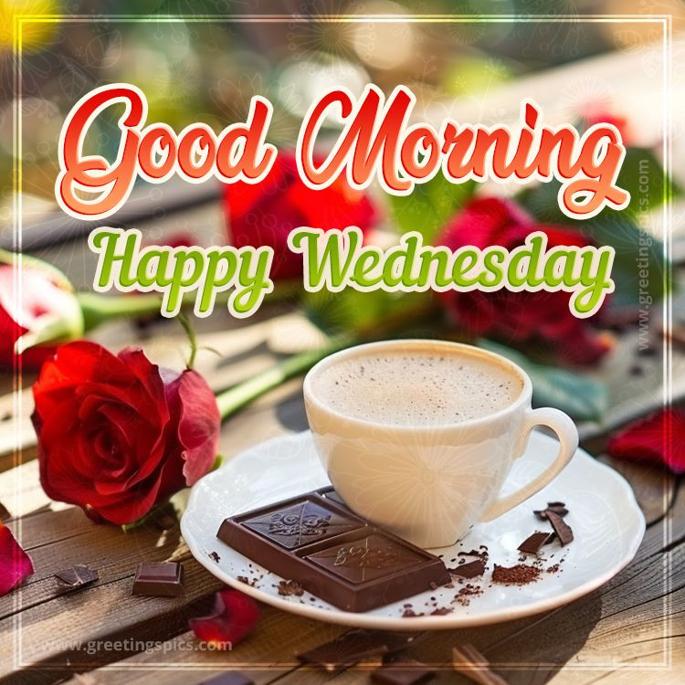 Good Morning happy Wednesday image with roses coffee and chocolate (square shape image)