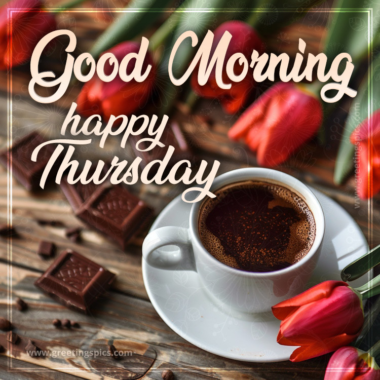 Good Morning happy Thursday picture with a cup of coffee, red tulips and chocolate (square shape image)