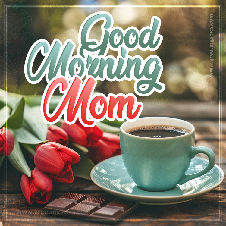 Good Morning Mom Image with a cup of coffee, chocolate and red tulips (square shape image)