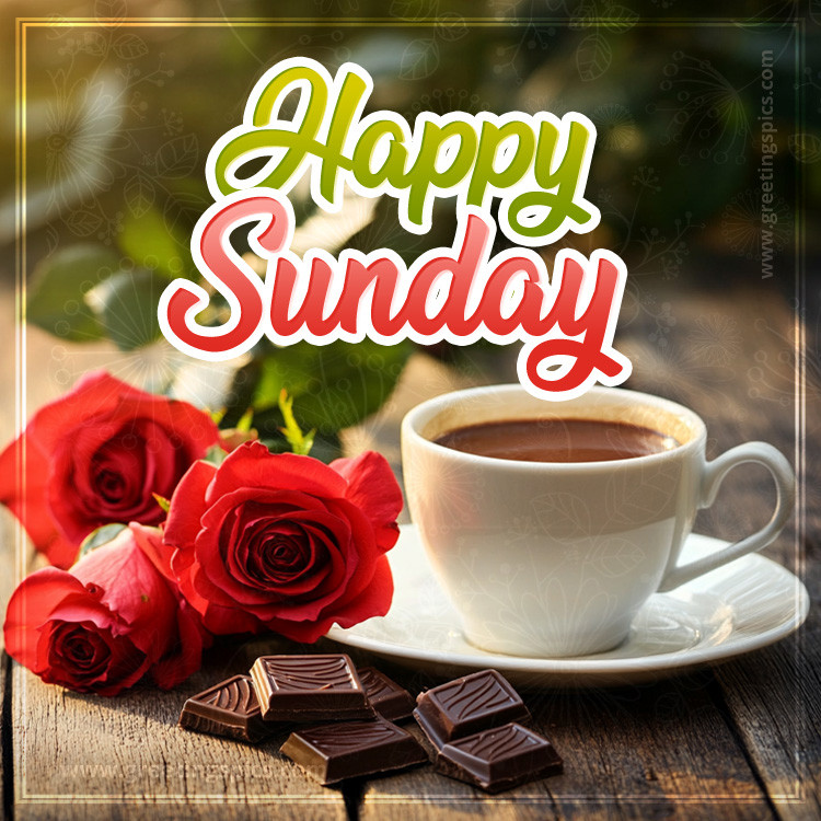 Happy Sunday beautiful card with chocolate and red roses (square shape image)