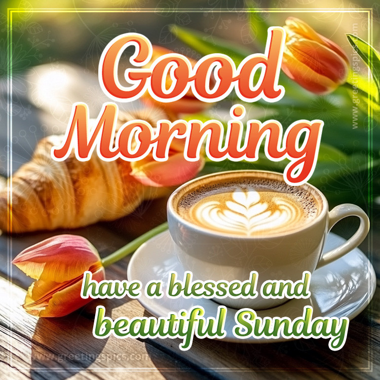 Good Morning have a blessed and beautiful Sunday image with coffee and croissant (square shape image)