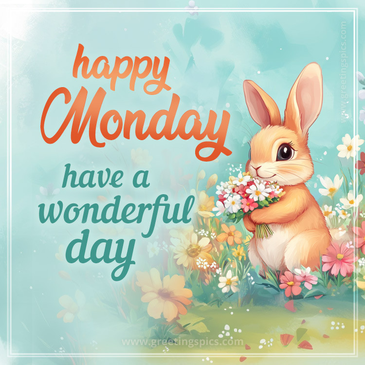 Happy Monday have a Wonderful day Image with cute cartoon bunny (square shape image)