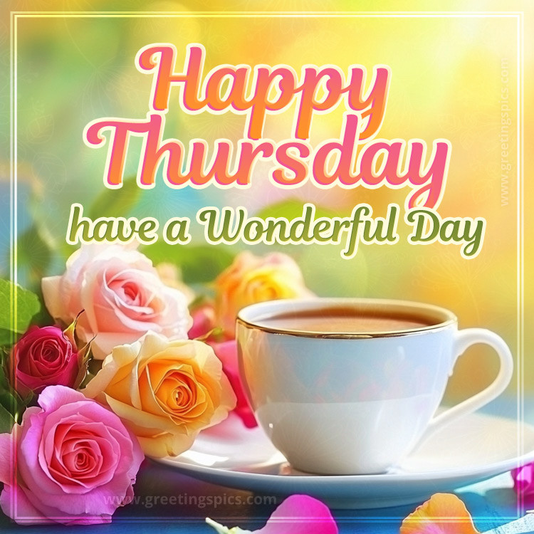 Happy Thursday have a Wondeful Day image with a cup of latte and roses (square shape image)