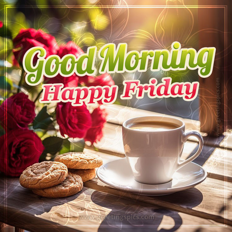 Good Morning Happy Friday image with coffee and cookies (square shape image)