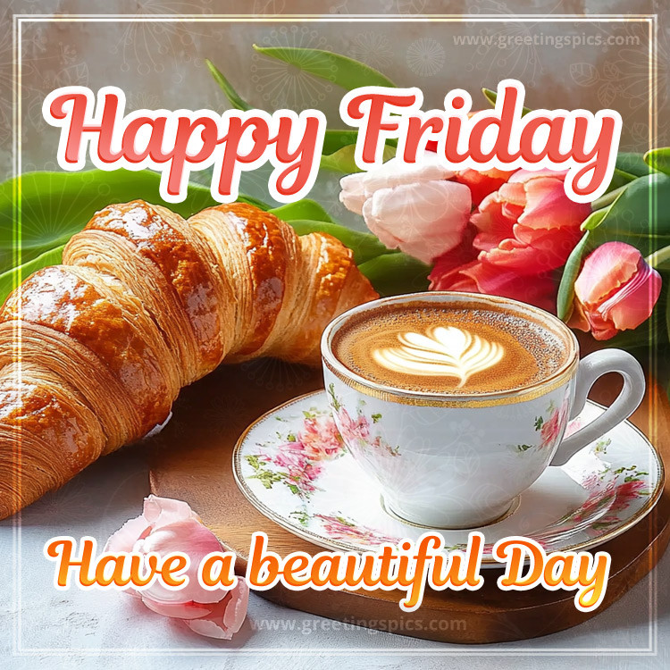 Happy Friday have a beautiful day image with a cup of cappuccino and croissants (square shape image)