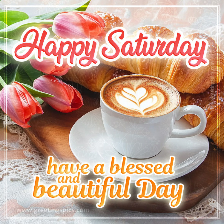 Happy Saturday image with a cup of cappuccino, croissant and red tulips (square shape image)