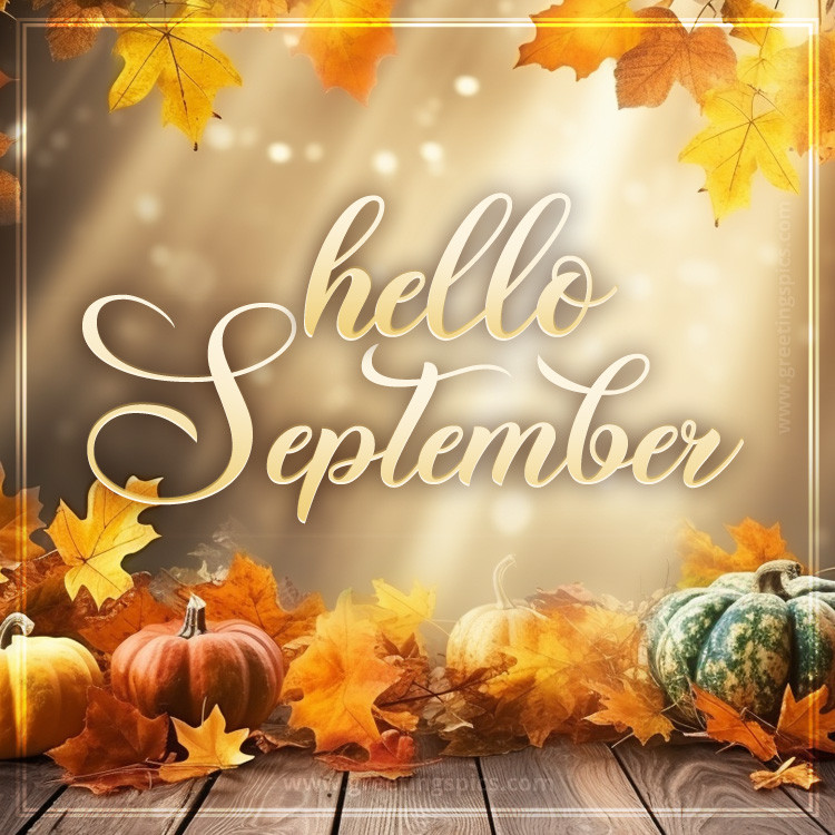 Hello September picture with beautiful fall background (square shape image)