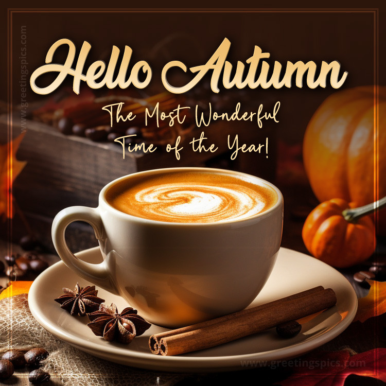 Hello Autumn beautiful image with a cup of coffee (square shape image)