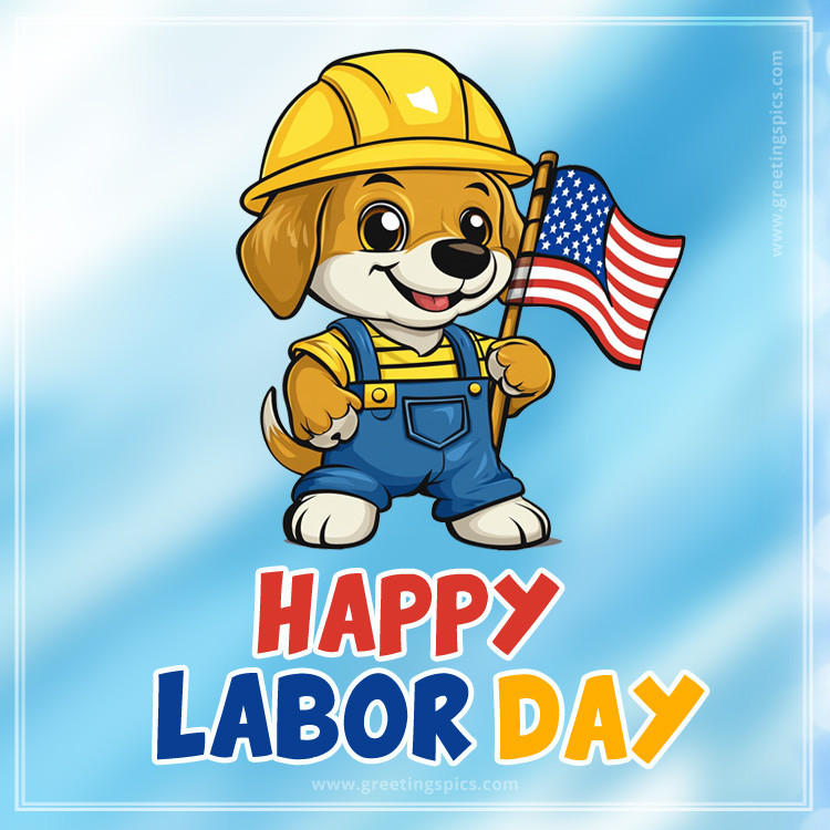 Happy Labor Day a picture of a cute dog with a yellow helmet (square shape image)