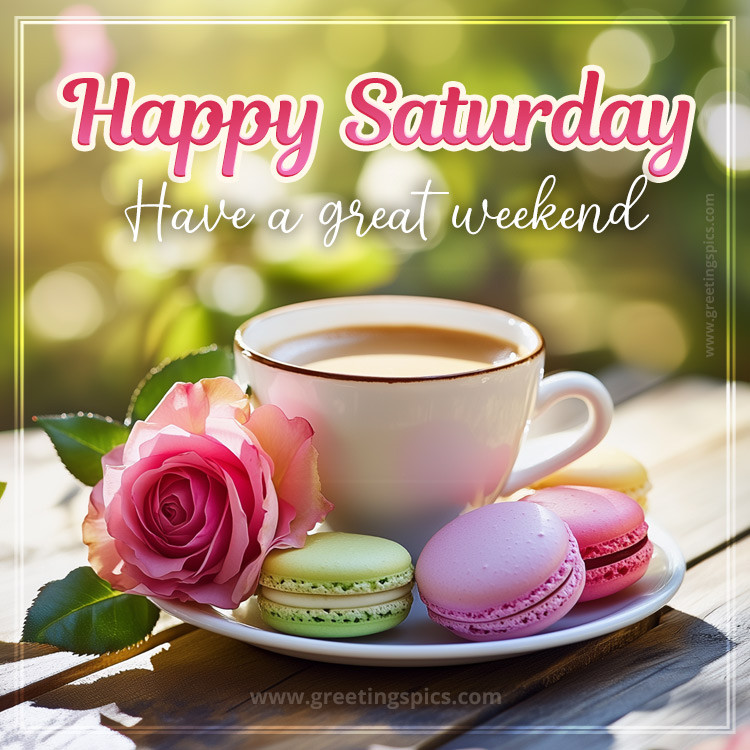 Happy Saturday have a Great Weekend Image with coffee and colorful macarons (square shape image)