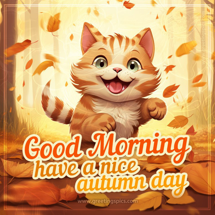 Good Morning Have a Nice Autumn Day funny image with cute cat (square shape image)