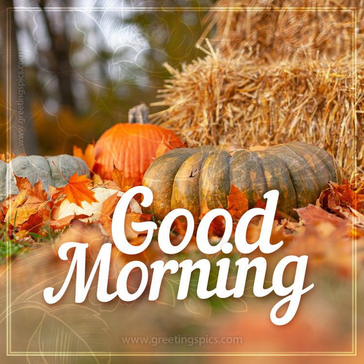 Good Morning picture of pumpkins and hay in the fall forest (square shape image)