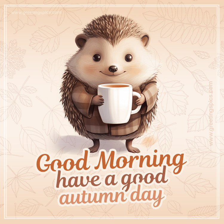 Good Morning Have a Good Autumn Day Picture with cute hedgehog (square shape image)