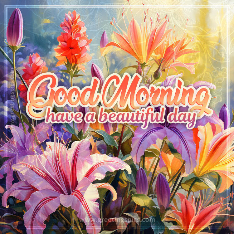 Good Morning Have a Beautiful Day picture with colorful flowers (square shape image)