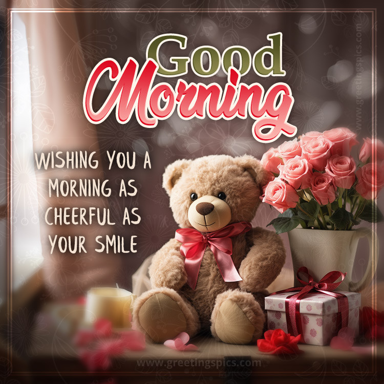 A picture to say Good Morning with a teddy bear and roses (square shape image)