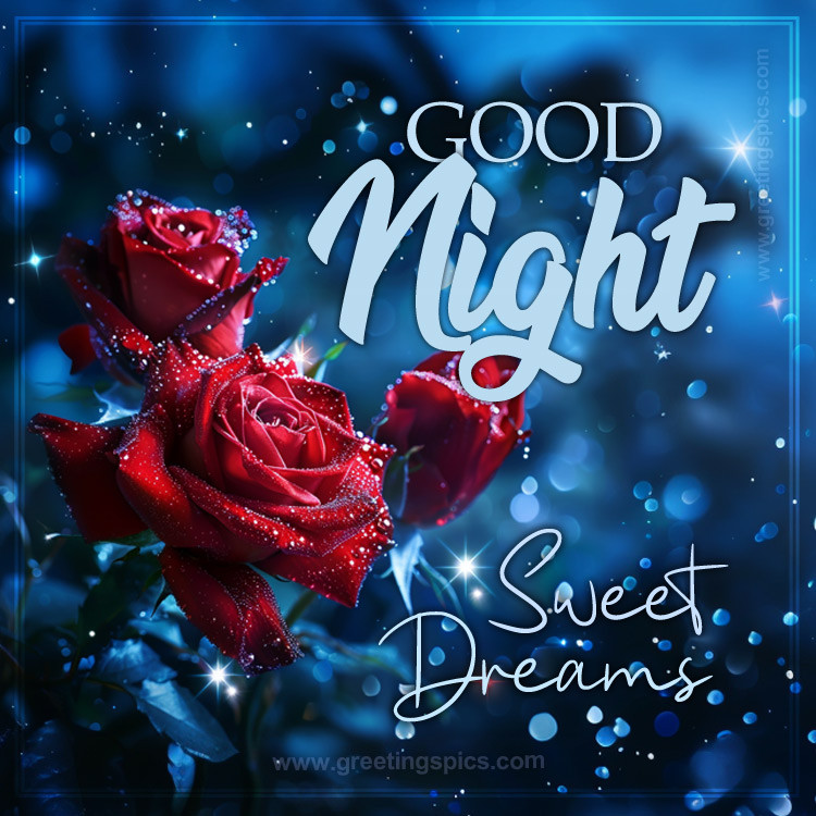 Picture with Goodnight wishes and roses on a dark blue background with glitters (square shape image)