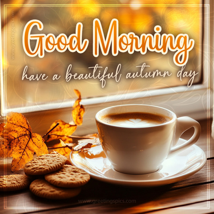 Good Morning Have a Beautiful Autumn Day image with coffee near the window (square shape image)